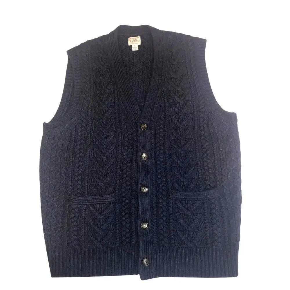 Jcrew Sweater Vest Mens Size L Blue Cable Knit Merino Wool Fisherman Preppy